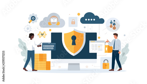 Cyber security flat vector illustration, digital data protection and network safety concept, computer privacy shield with people and cloud icons