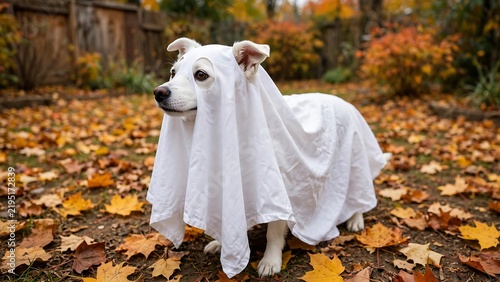 Adorable white dog wearing a ghost costume standing in a backyard covered with autumn leaves