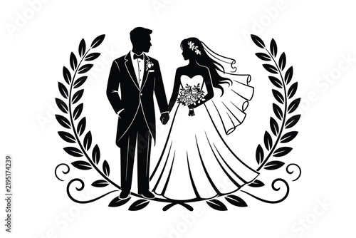 Картината върху платно Bride and groom silhouette illustration, wedding couple standing together surrou