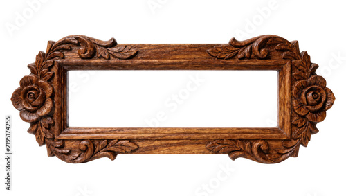 Ornate carved wooden rectangular frame with floral motifs, isolated on transparent background