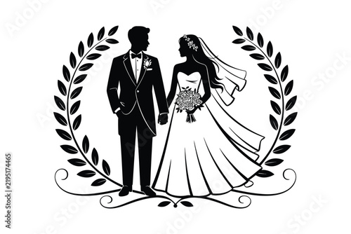 Photography Bride and groom silhouette illustration, wedding couple standing together surrou