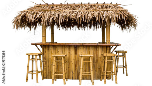 Bild auf Leinwand Bamboo tiki bar with thatched roof and stools, isolated on transparent backgroun