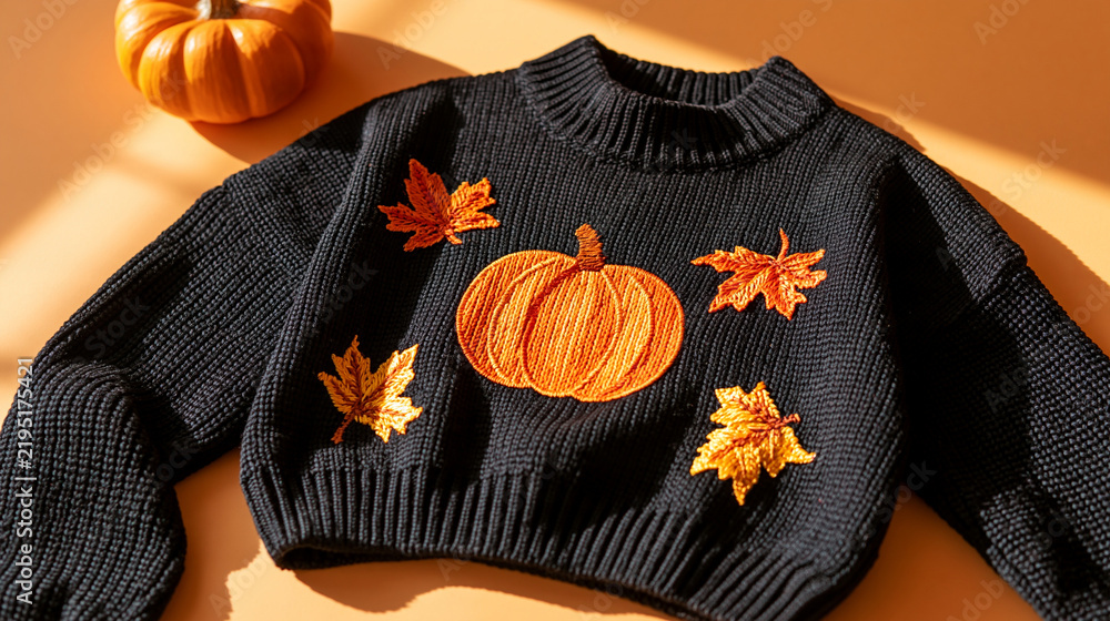 Obraz premium Black sweater with orange pumpkin and autumn leaves design bright clean orange background soft natural light close up product composition seasonal knitwear styling playful autumn print
