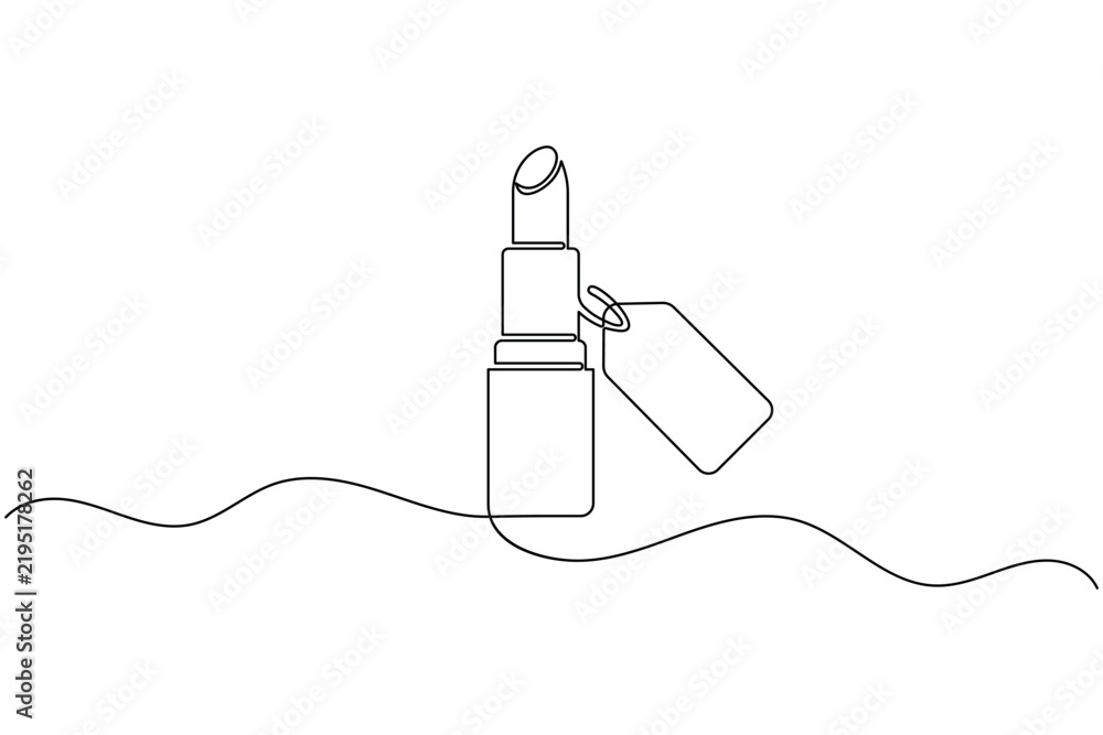 Obraz premium Lipstick with price tag icon continuous one line art beauty sale makeup offer outline vector illustration
