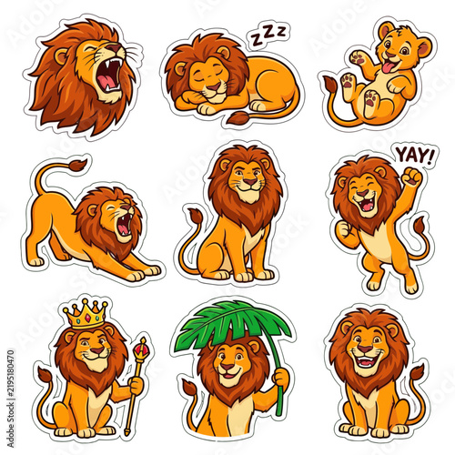 Set of cute cartoon lions in various poses, roaring, sleeping, playing, and wearing a crown as vector stickers