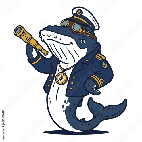 Charming cartoon humpback whale dressed as a captain with a spyglass and compass, perfect for nautical designs