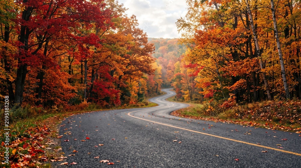 Fototapeta premium Scenic Winding Road Through a Vibrant Autumn Forest with Colorful Foliage