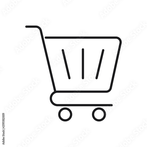 Minimalist linear shopping cart icon representing online retail, grocery shopping, e-commerce purchases, consumer goods, and digital shopping services. Clean monochrome vector illustration