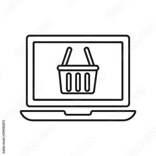 Professional outline vector icon showing a laptop computer with a shopping basket on the screen, symbolizing online shopping, e-commerce platforms, digital retail