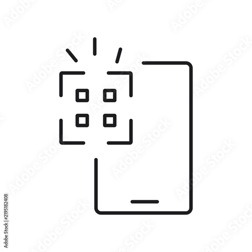 Modern linear vector icon depicting a smartphone with a QR code scanning interface, symbolizing digital payments, mobile commerce, contactless transactions, online shopping, and smart retail technolog