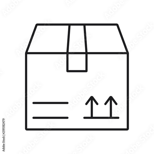 Professional minimalist vector illustration of a sealed cardboard shipping box with directional arrows, symbolizing parcel delivery, logistics, transportation, online orders, e-commerce fulfillment