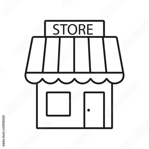 Professional minimalist outline vector illustration of a retail storefront with a traditional shop awning, representing physical stores line icon
