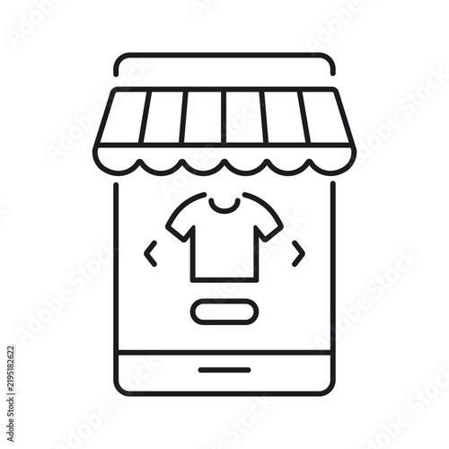 Modern outline vector illustration of a smartphone displaying a fashion storefront with clothing,digital clothing stores, e-commerce platforms, ap