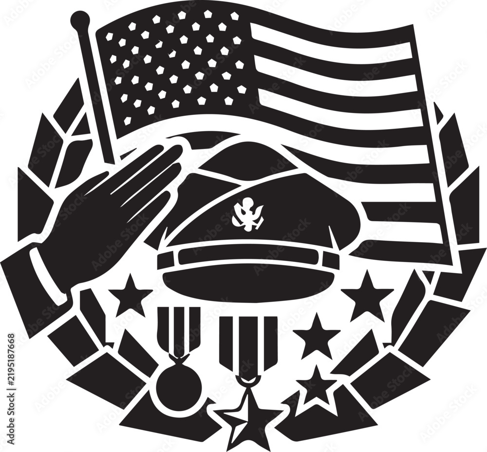 Obraz premium An illustration featuring a saluting hand, an American flag, military cap, and service medals
