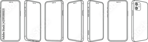 Minimalist smartphone line icons, mobile phone mockups, 7 vector set