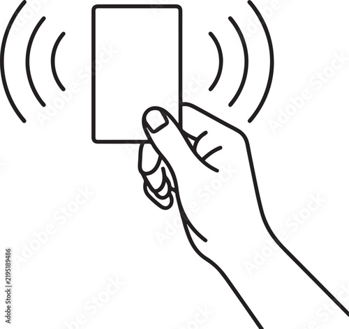 Hand holding a blank rectangular card with wireless signal waves, black and white line icon also transparent background