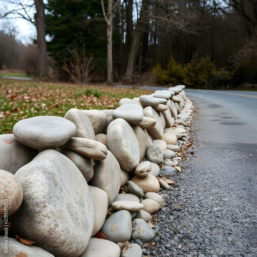 Large stones placed along an asphalt road.