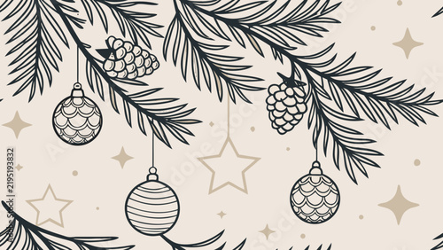 Christmas seamless pattern with pine branches and ornaments line art