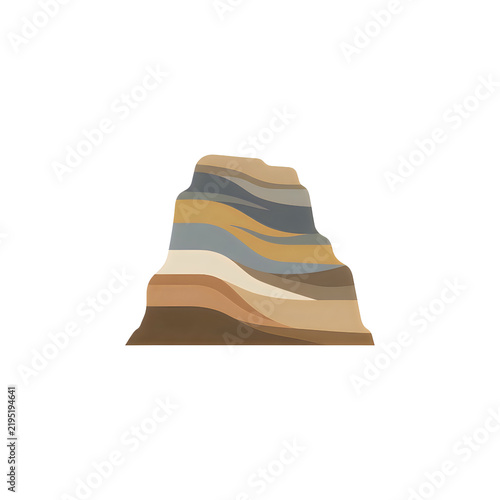A stylized illustration of a layered mountain or rock formation with distinct geological strata in various earthy tones, isolated on white background
