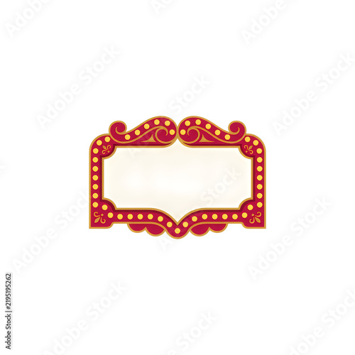 Vintage theater marquee sign with a decorative red frame and golden light bulbs isolated on white background
