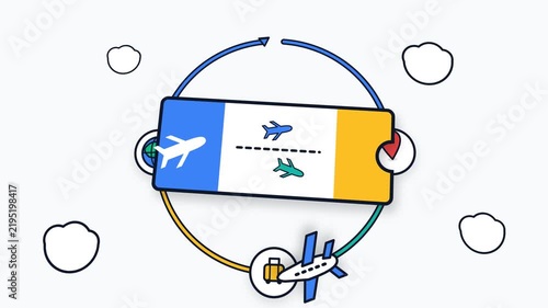 Airplane and travel ticket revolving on light background