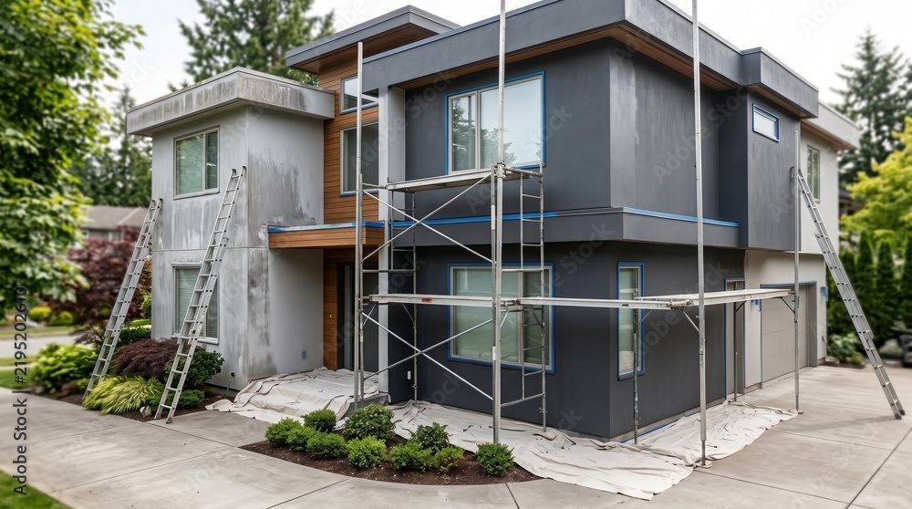 Obraz premium house undergoing exterior painting and renovation with metal scaffolding and ladders.