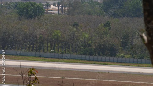 Bird flying low over an airfield runway next to a concrete fence and dense forest trees on a sunny day. Tracking shot of wild bird in flight.