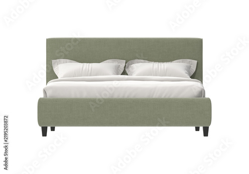 Obraz na plátně Modern upholstered bed frame with white linens and pillows on a white background