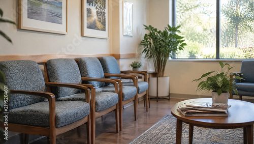 Waiting room of a small practice with a row of empty chairs and a low table