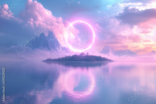 Abstract theme expressed through aglow and glorious neon ring. Water surface illustration presenting tree and island. Mystical, dream, red, reflection and shiny complete the scene.