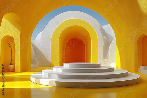 Design visual highlighting podium with color, depth and character. Clean illustration combining booth in a refined conceptual setting. Details: empty circle stand, showcase and advert of products.