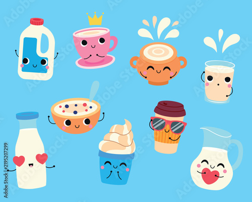 Cute milk characters set vector illustration with dairy food emoticons isolated on blue background.