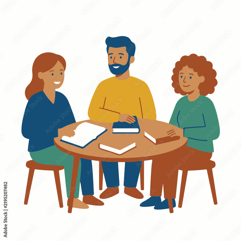 Fototapeta premium Diverse people at a book club meeting. Group discussion and reading concept. Flat design vector illustration