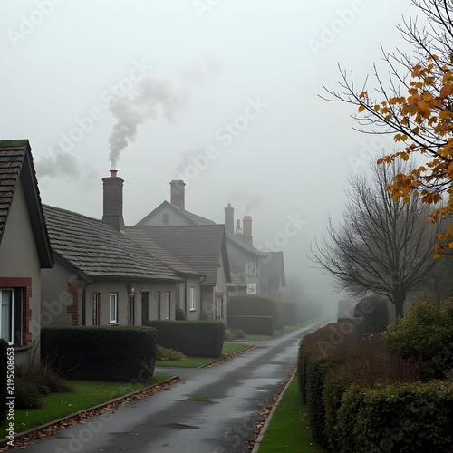 A foggy autumn morning in a small village, with soft smoke rising from the chimneys.