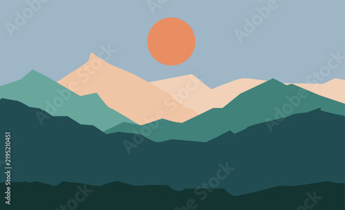 Minimalist landscape illustration of mountain ranges and a warm sun
