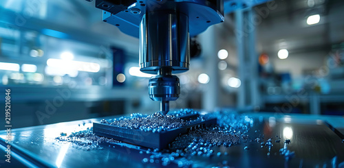 Advanced blue CNC machine with precision tooling and metal carve process in modern industrial workshop showing automated production technology and high tech manufacturing equipment for heavy metal ind