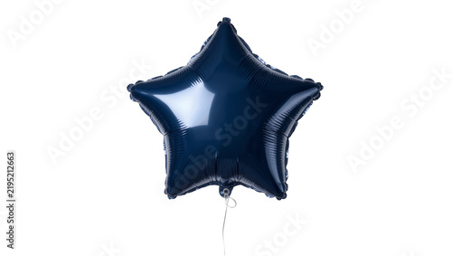 Shiny dark blue star-shaped foil balloon with thin white string, isolated on transparent background