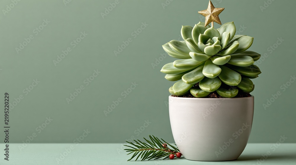Obraz premium Whimsical Christmas plant photo of a succulent decorated with tiny star, pastel green.