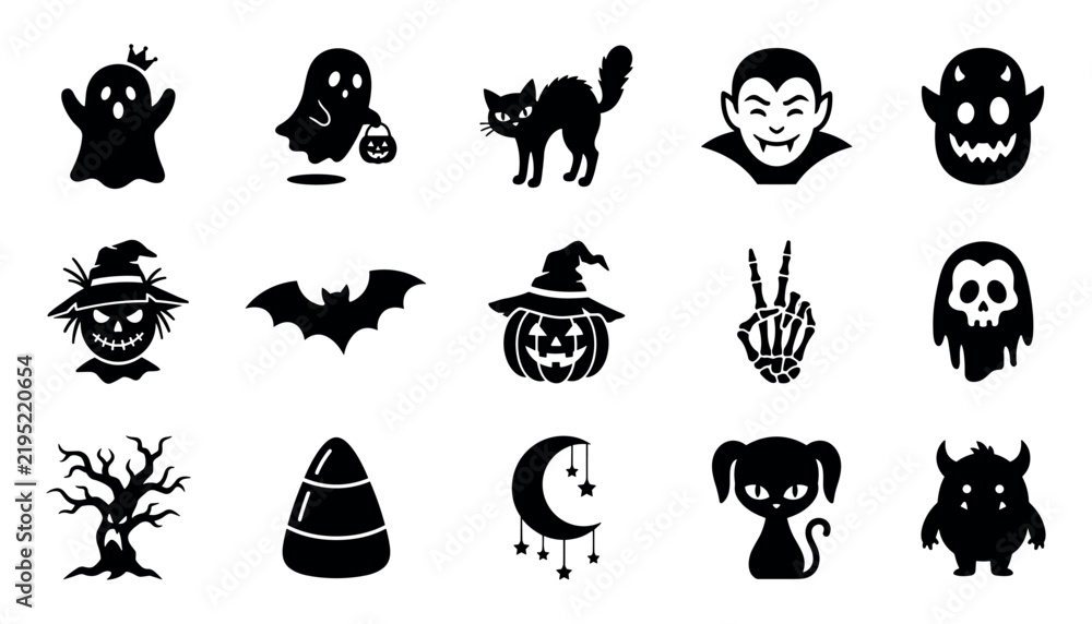 Obraz premium Set of Halloween vector icons featuring ghosts, pumpkins, bats, and spooky creatures