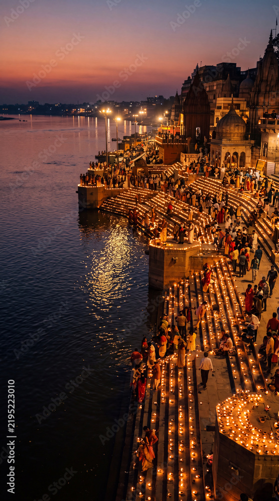 Obraz premium Riverbank illuminated by thousands of small lamps during the evening festivities of a traditional holiday.