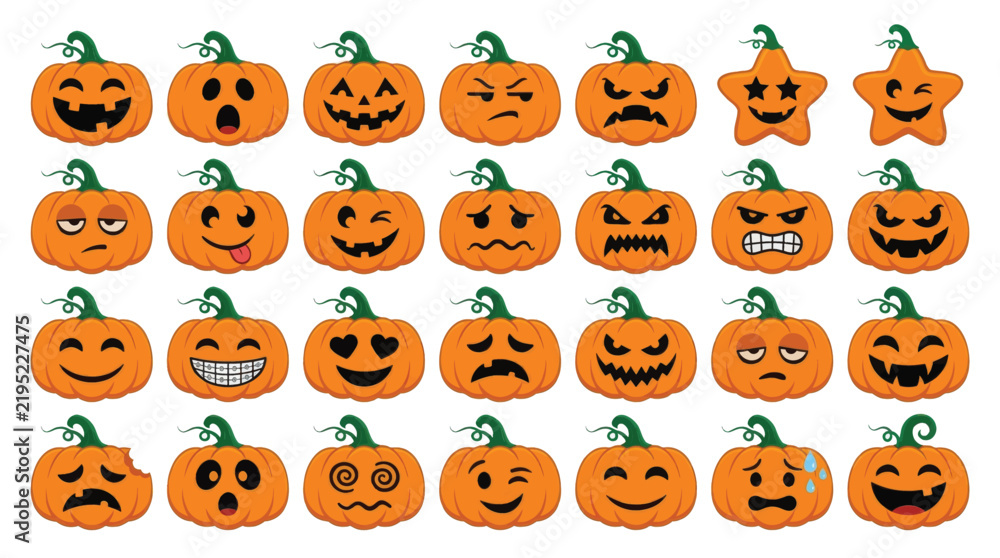 Obraz premium Vibrant vector illustration featuring multiple orange pumpkins with diverse expressions for seasonal holiday decorations and festive autumn graphic design projects