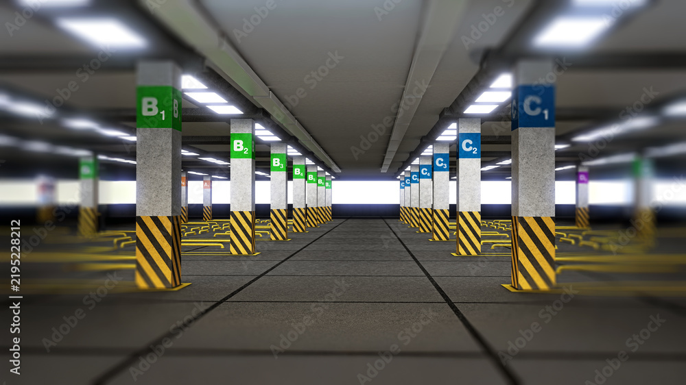 Obraz premium Empty parking lot with signs and guidelines. 3D illustration