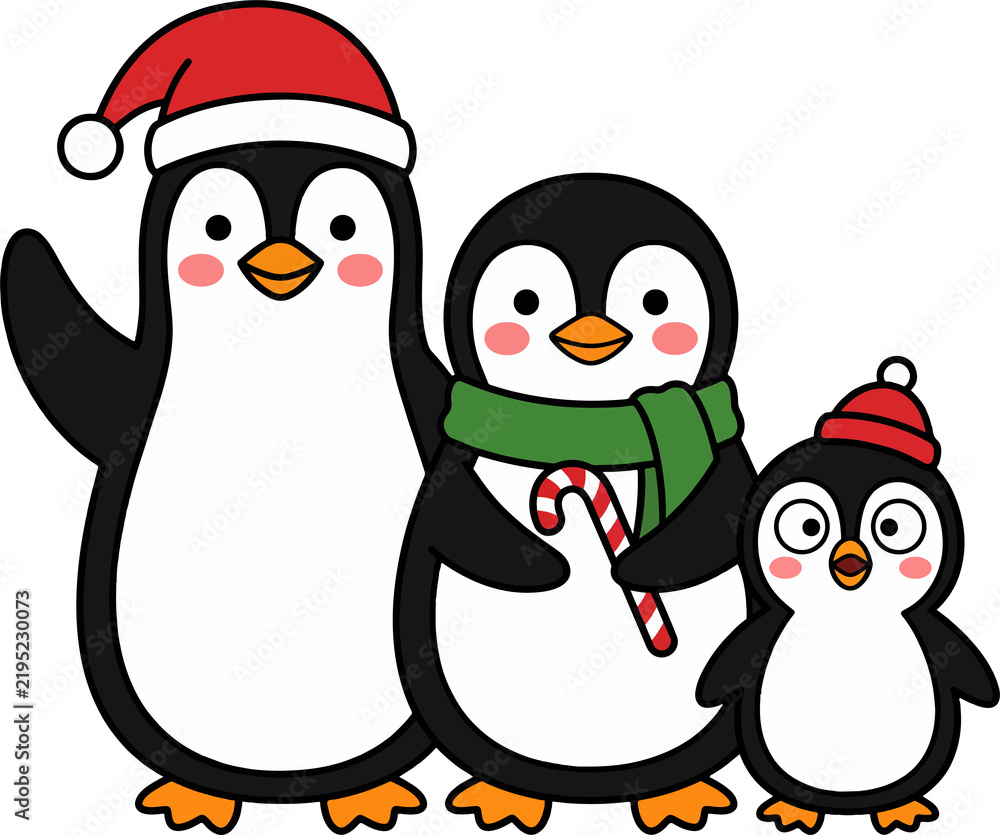 Fototapeta premium Penguin family trio with Santa hat and candy cane