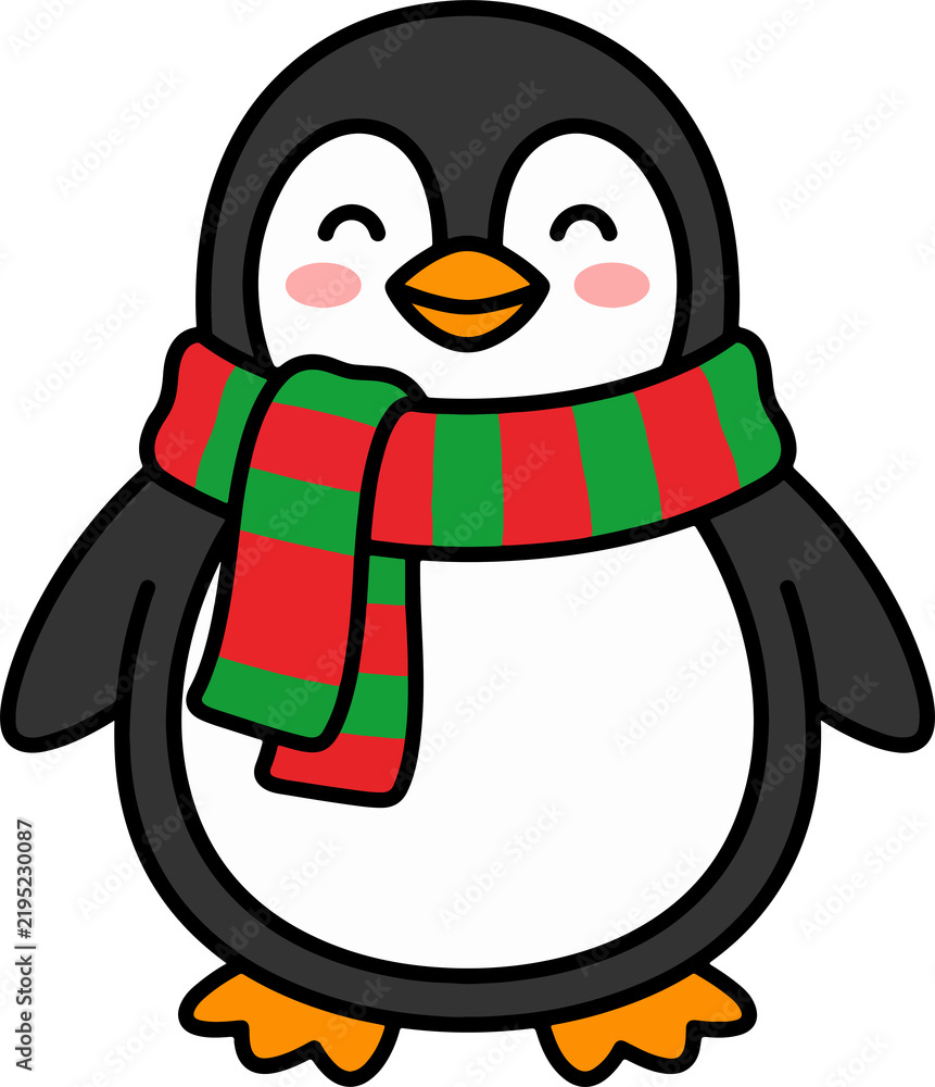 Fototapeta premium Penguin wearing a red and green Christmas scarf
