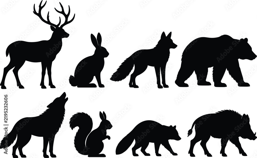 Fototapeta premium Set of black forest animal silhouettes including deer bear fox and wolf vector illustration