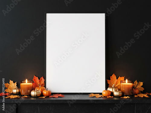 Blank picture frame mockup displayed on a dark mantel with autumn leaves, pumpkins, and candles