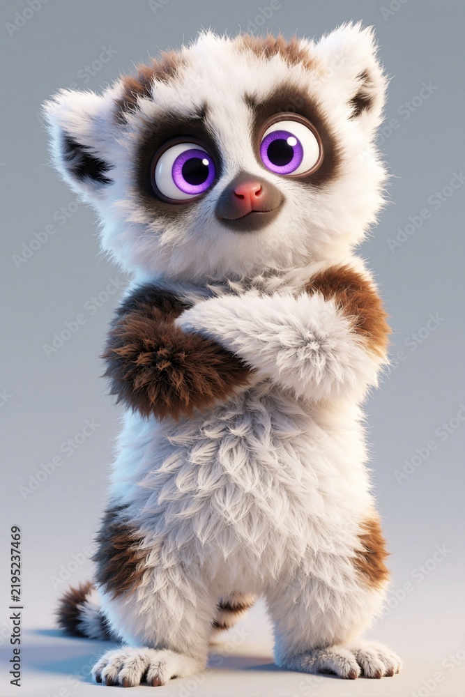 Fototapeta premium Cute cartoon lemur with fluffy fur and big purple eyes stands with arms crossed. Adorable animal character has a playful and curious expression. Perfect for children illustrations and design projects.