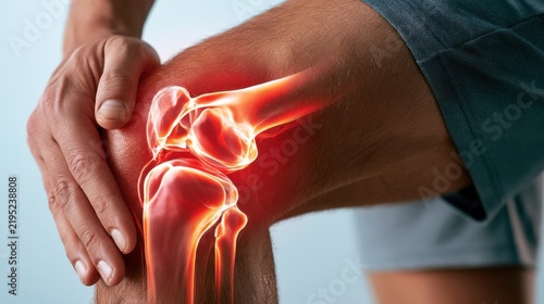 Close-up of a man's knee showing red inflamed joint, highlighted skeletal structure, concept of arthritis and joint pain relief.