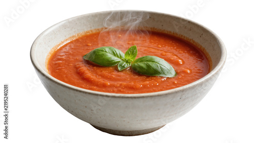 Fotografie Steaming hot tomato soup with fresh basil garnish, isolated on transparent backg