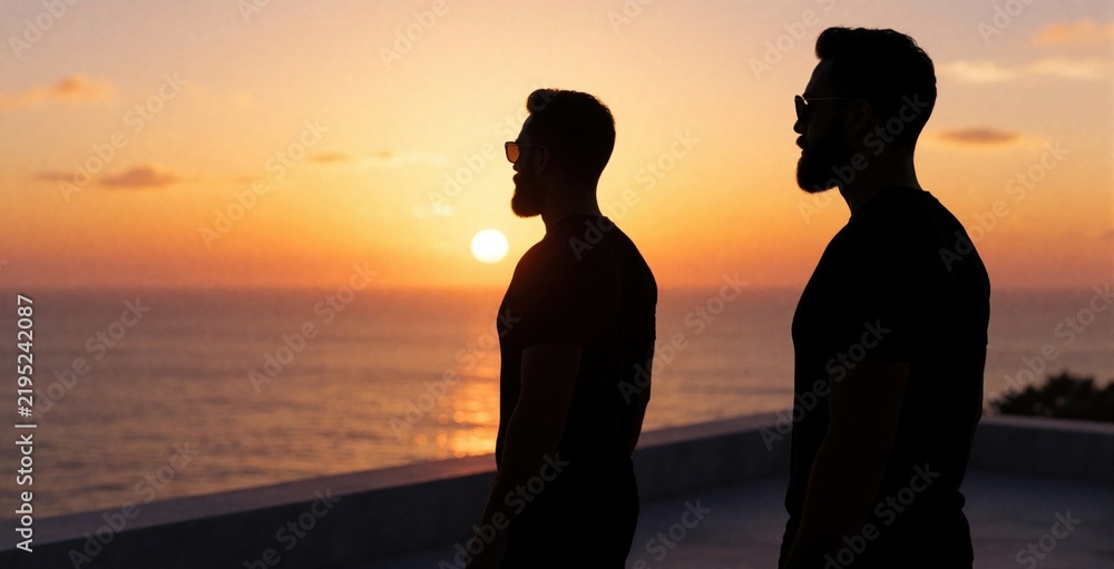 Fototapeta premium Silhouette of two men standing on terrace balcony at sunset. Male friends watch orange sun sink into sea ocean. Peaceful evening view with dramatic sky, clouds, calm water. Men enjoy summer vacation,